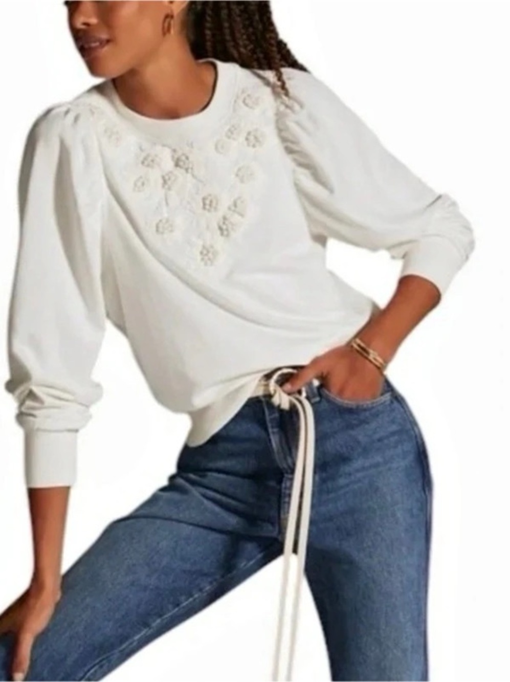 Anthropologie By Anthropologie Embroidered Puff-Sleeve Sweatshirt White Medium - Picture 5 of 5